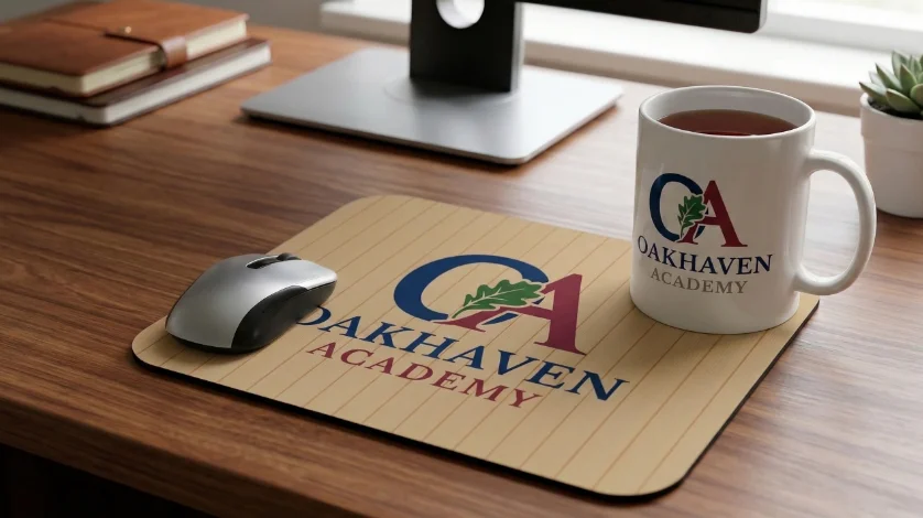 customized rubber-backed mousepad with printed school logo for office desks